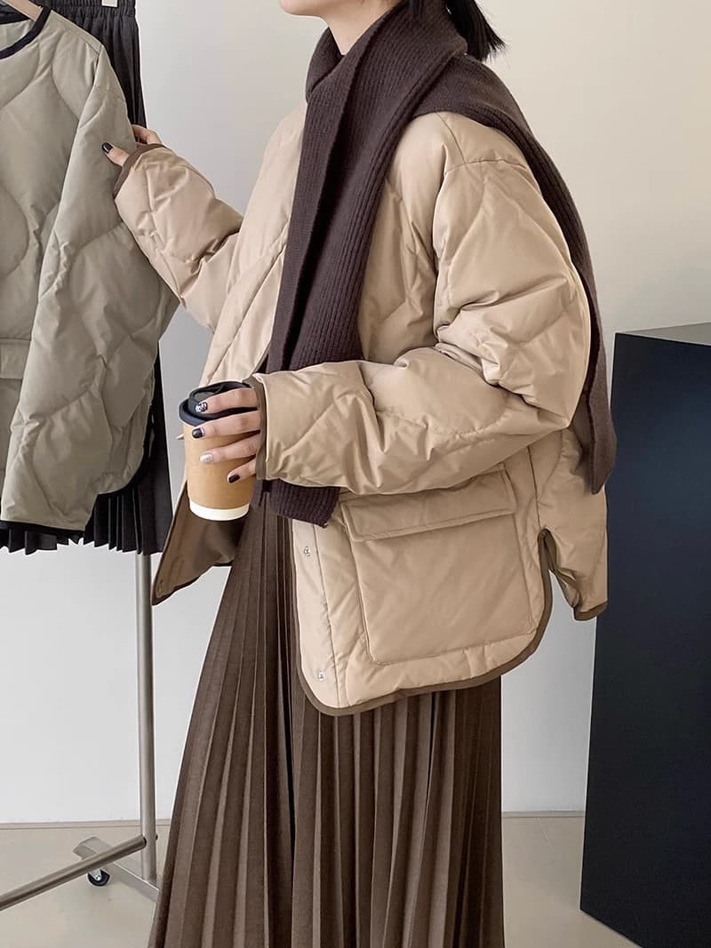 ノーカラージャケット キルティング中綿入りノーカラーブルゾン