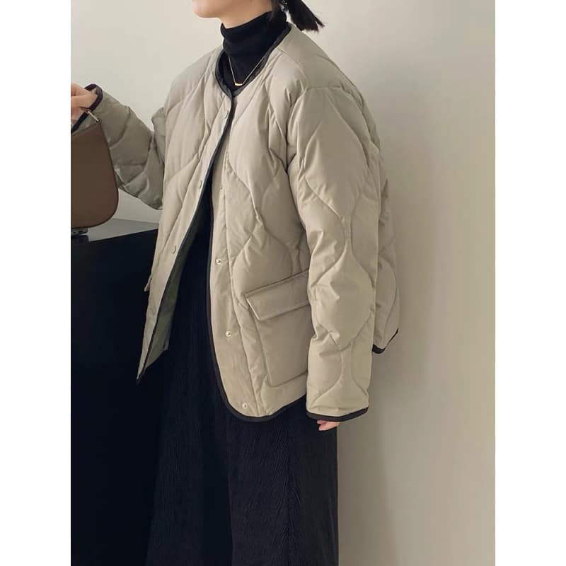 ノーカラージャケット キルティング中綿入りノーカラーブルゾン