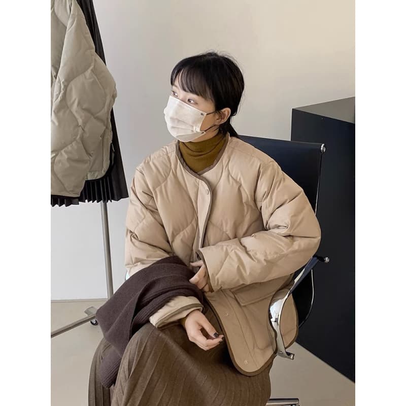 ノーカラージャケット キルティング中綿入りノーカラーブルゾン