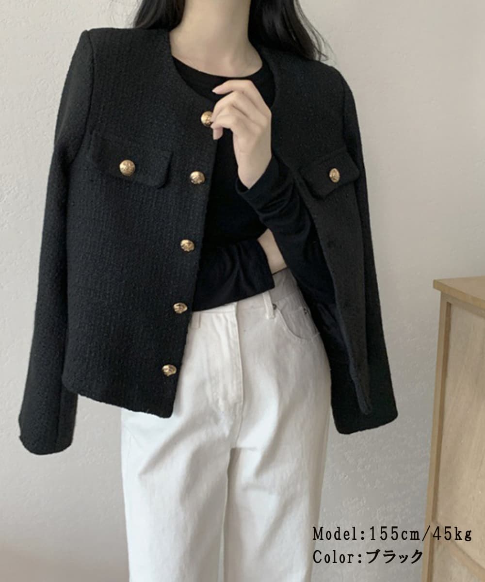 上品ツイード ノーカラージャケット 春秋