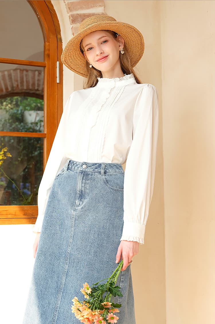 ノーカラージャケット 優美フリルスタンドカラーブラウス