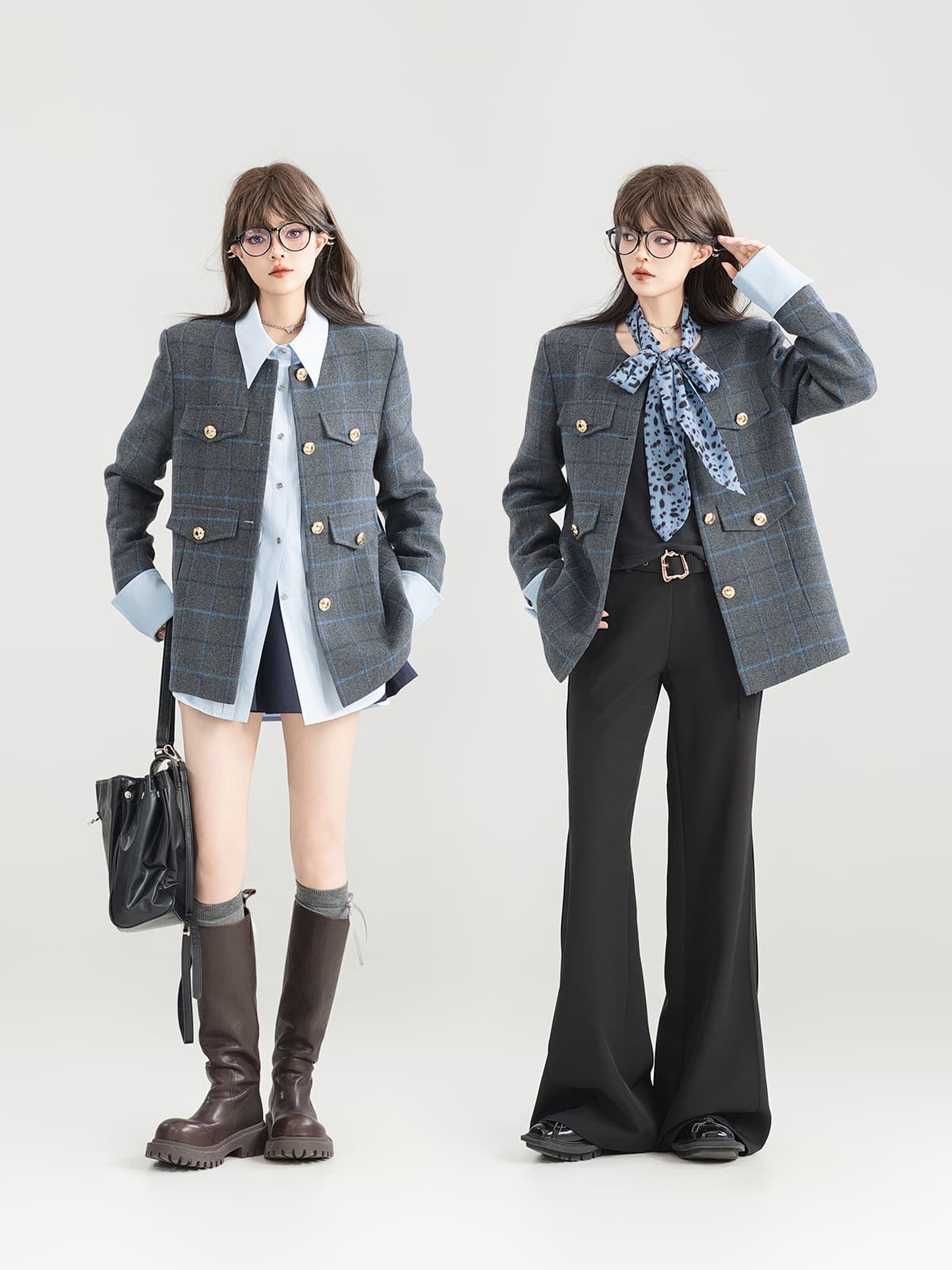 上質チェック柄ノーカラージャケット