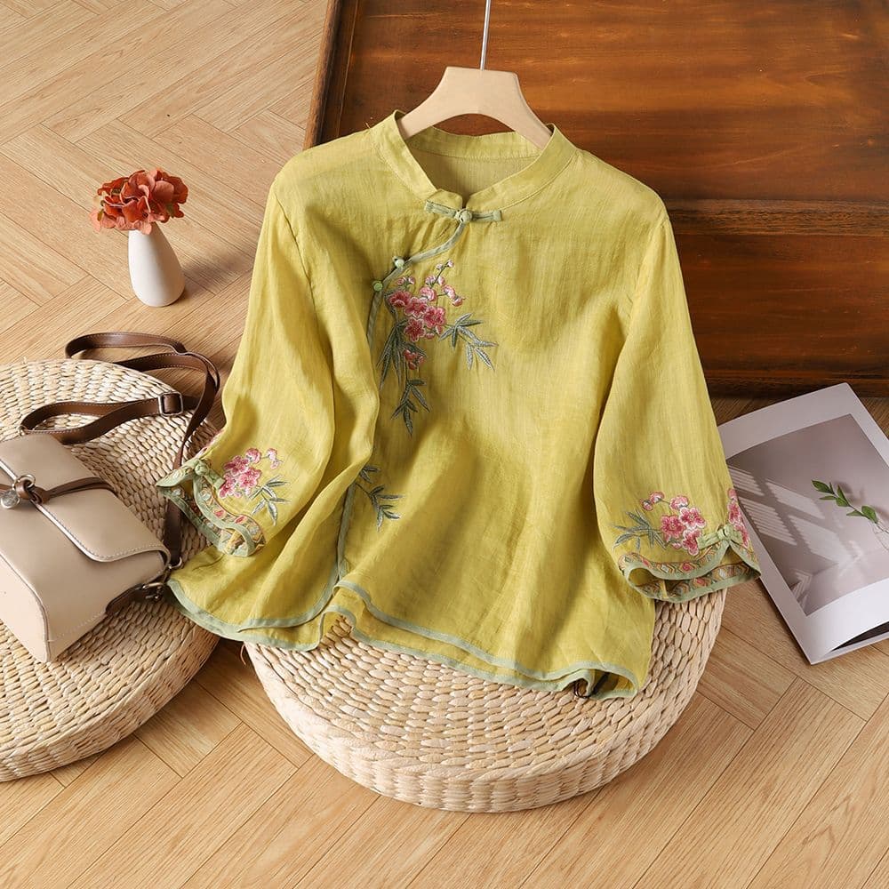 ノーカラージャケット 花刺繍チャイナ風リネンブラウス