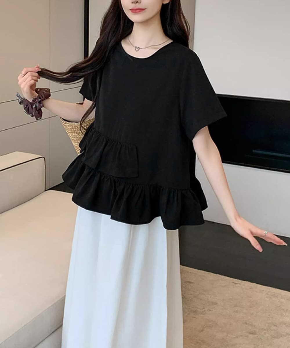 ノーカラージャケット 涼やかリネン アシンメトリーフリルブラウス