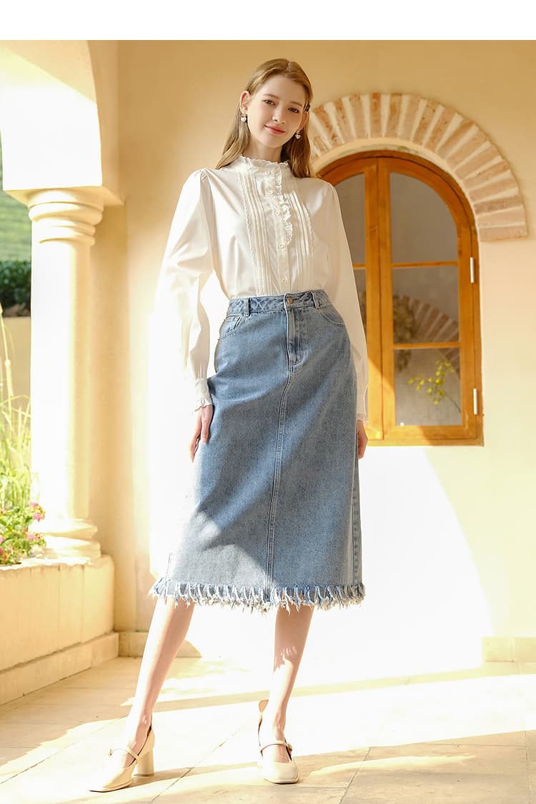 ノーカラージャケット 優美フリルスタンドカラーブラウス