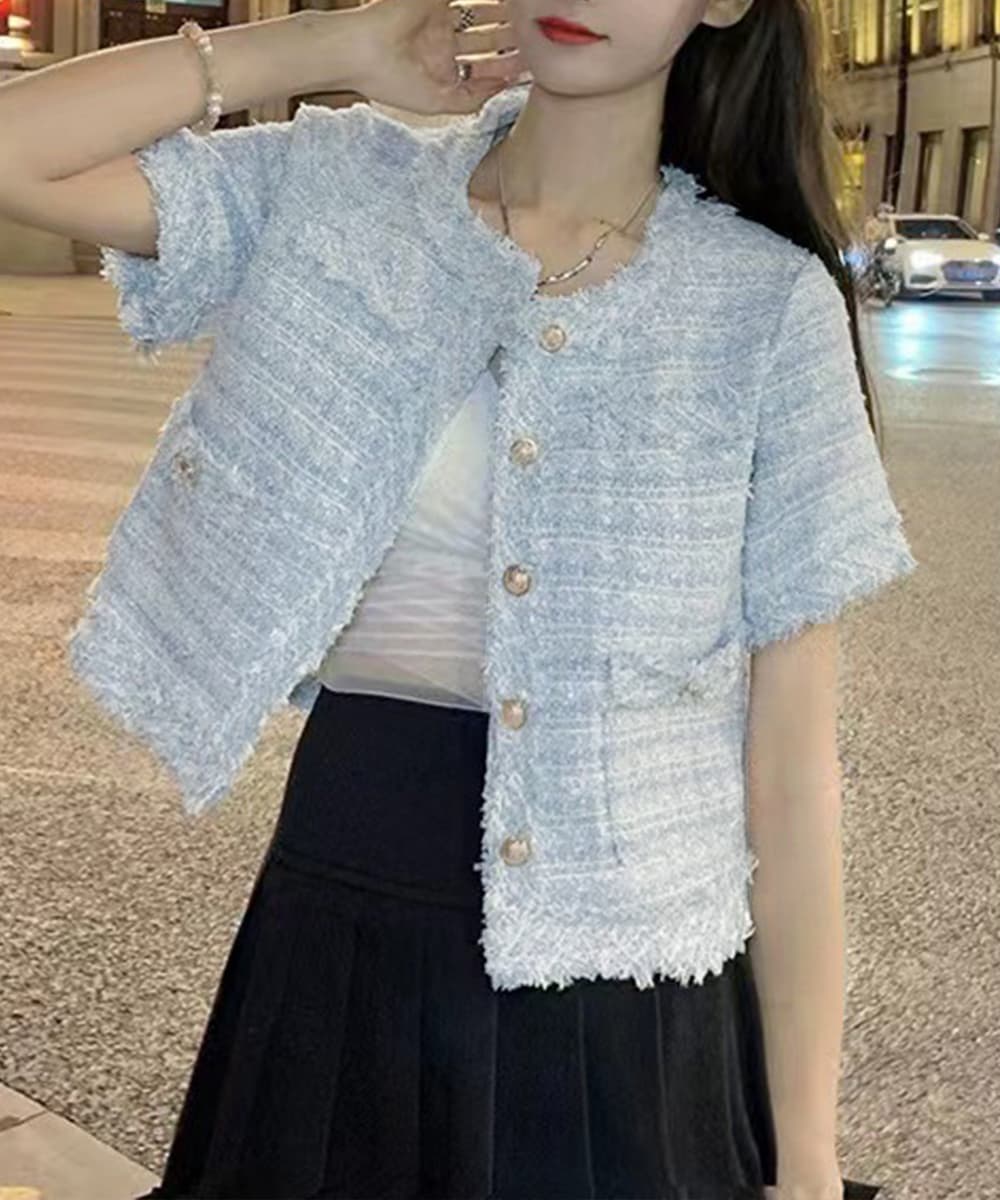 ノーカラージャケット ふわもこボア半袖ツイードジャケット 春夏向け