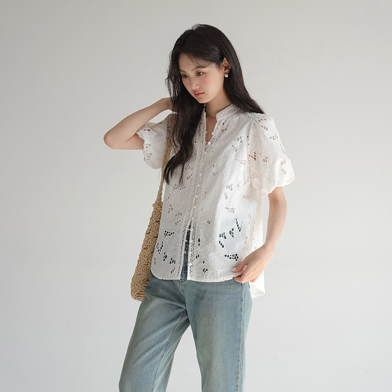ノーカラージャケット 花刺繍レース透かしノーカラー