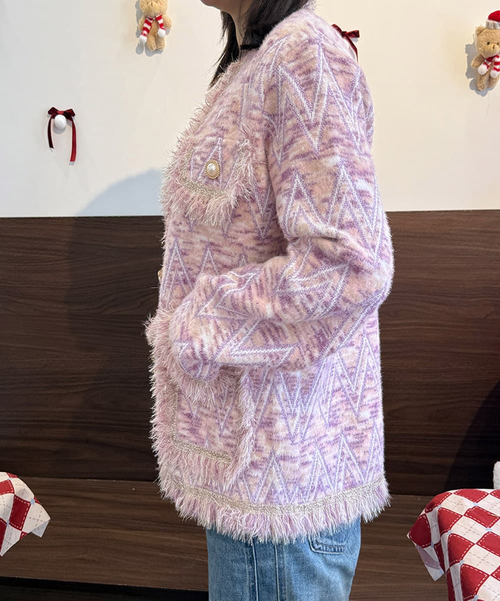 ふわもこツイード風ノーカラージャケット