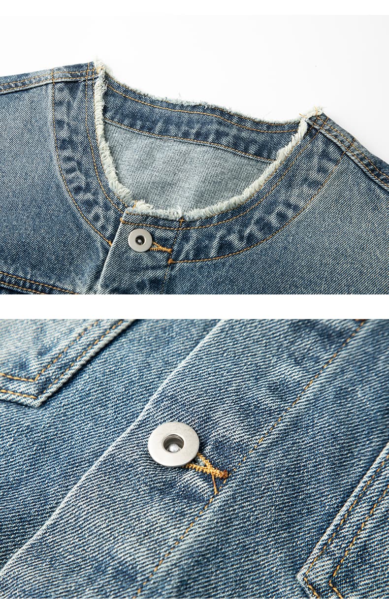 ノーカラージャケット ほつれ加工ノーカラーデニムジャケット