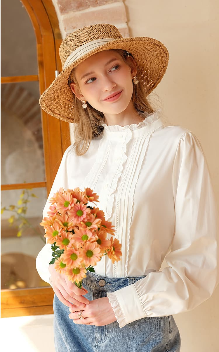 ノーカラージャケット 優美フリルスタンドカラーブラウス