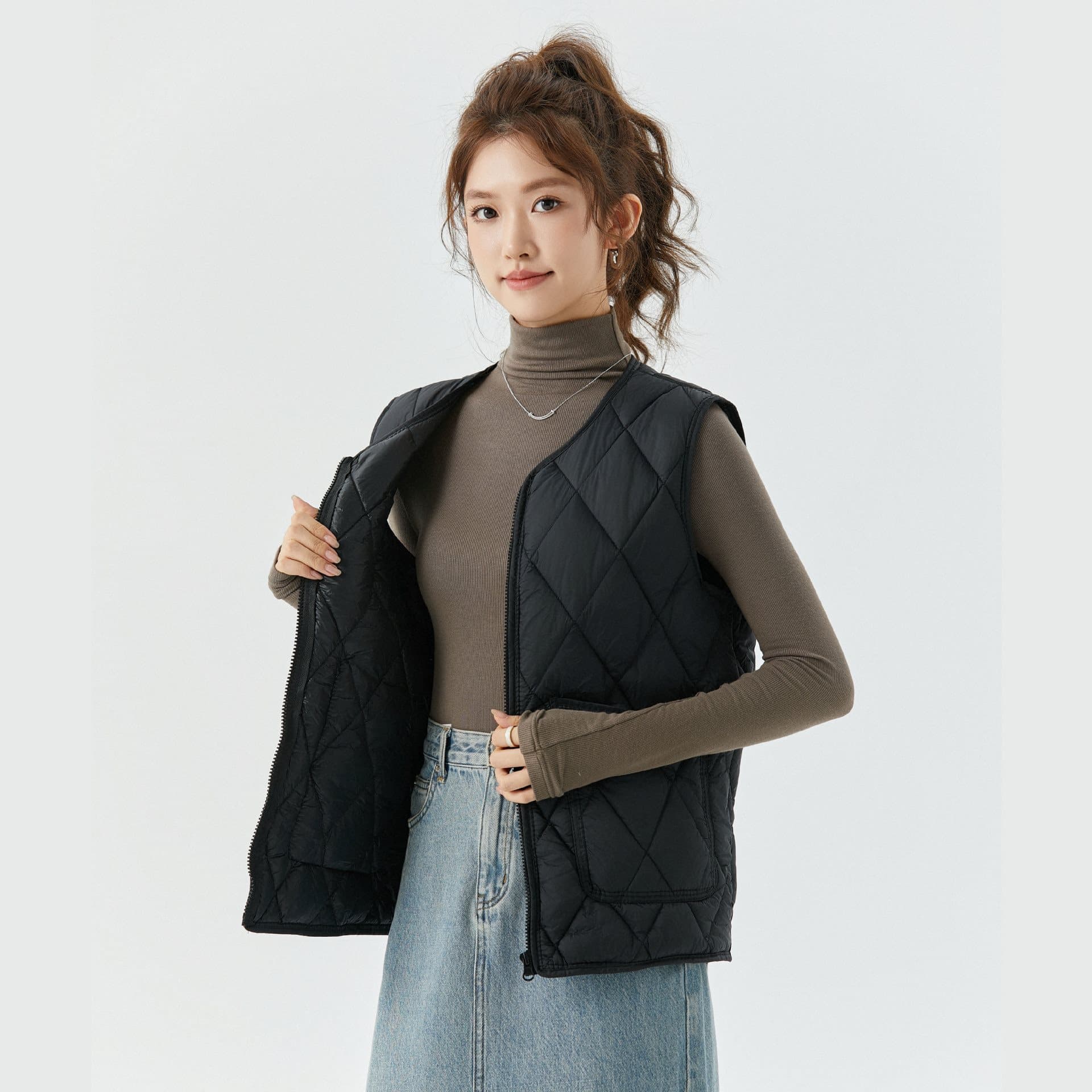 ノーカラージャケット 大人可愛い キルティング中綿ベストジャケット