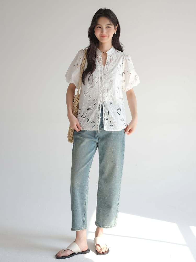 ノーカラージャケット 花刺繍レース透かしノーカラー
