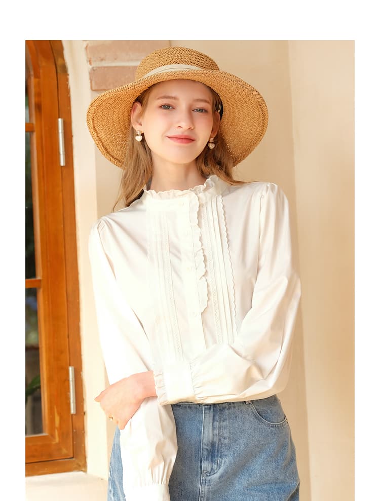 ノーカラージャケット 優美フリルスタンドカラーブラウス