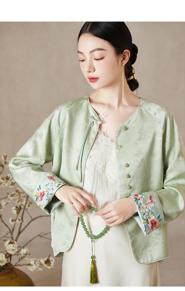 ノーカラージャケット 花刺繍リボン結びノーカラージャケット