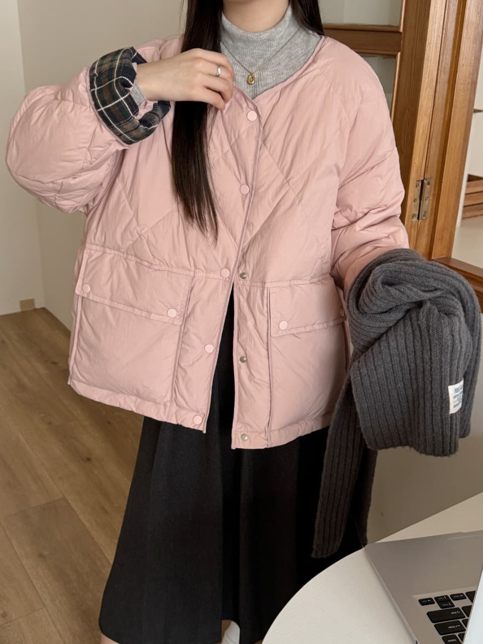 ノーカラージャケット キルティング中綿ノーカラーブルゾン