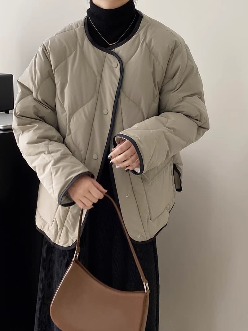 ノーカラージャケット キルティング中綿入りノーカラーブルゾン