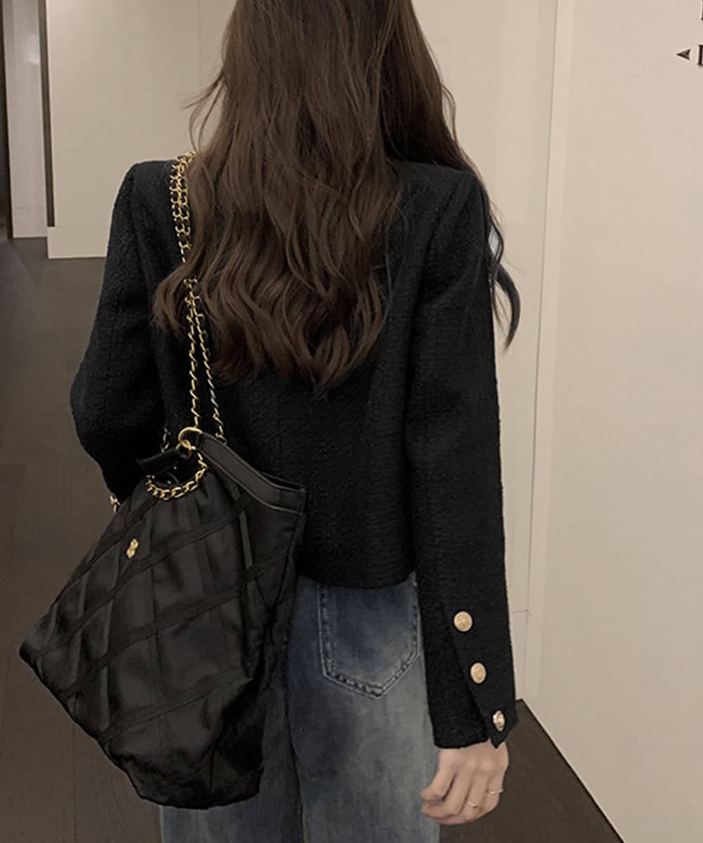 上品ツイード ノーカラージャケット 春秋