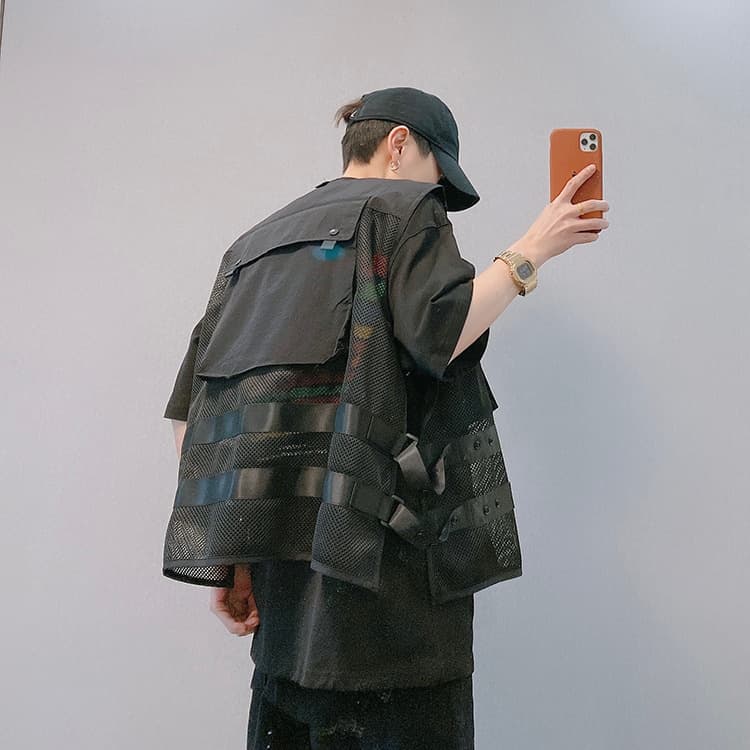 ノーカラージャケット メッシュパネル切替ノーカラーベスト