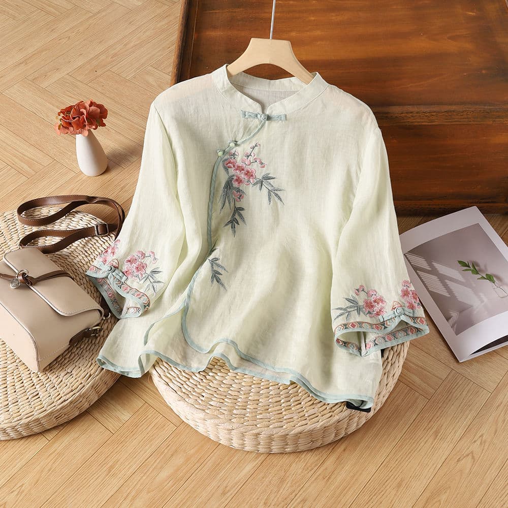 ノーカラージャケット 花刺繍チャイナ風リネンブラウス