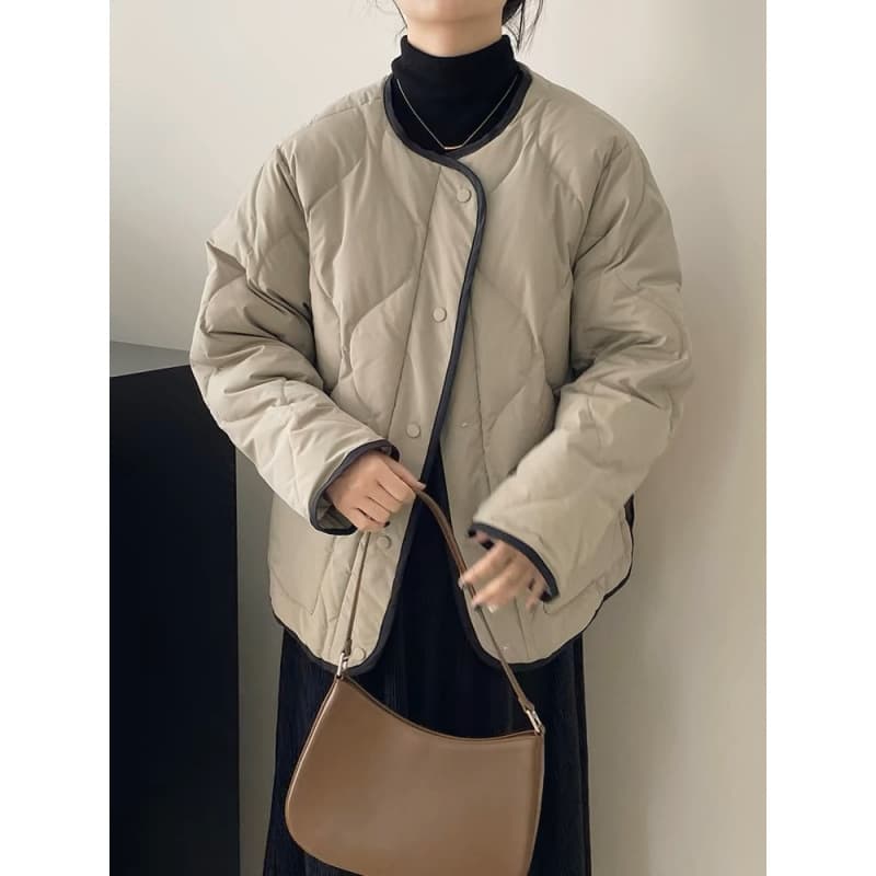 ノーカラージャケット キルティング中綿入りノーカラーブルゾン