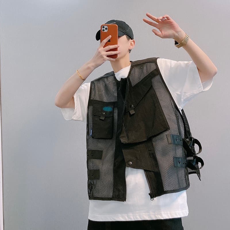 ノーカラージャケット メッシュパネル切替ノーカラーベスト