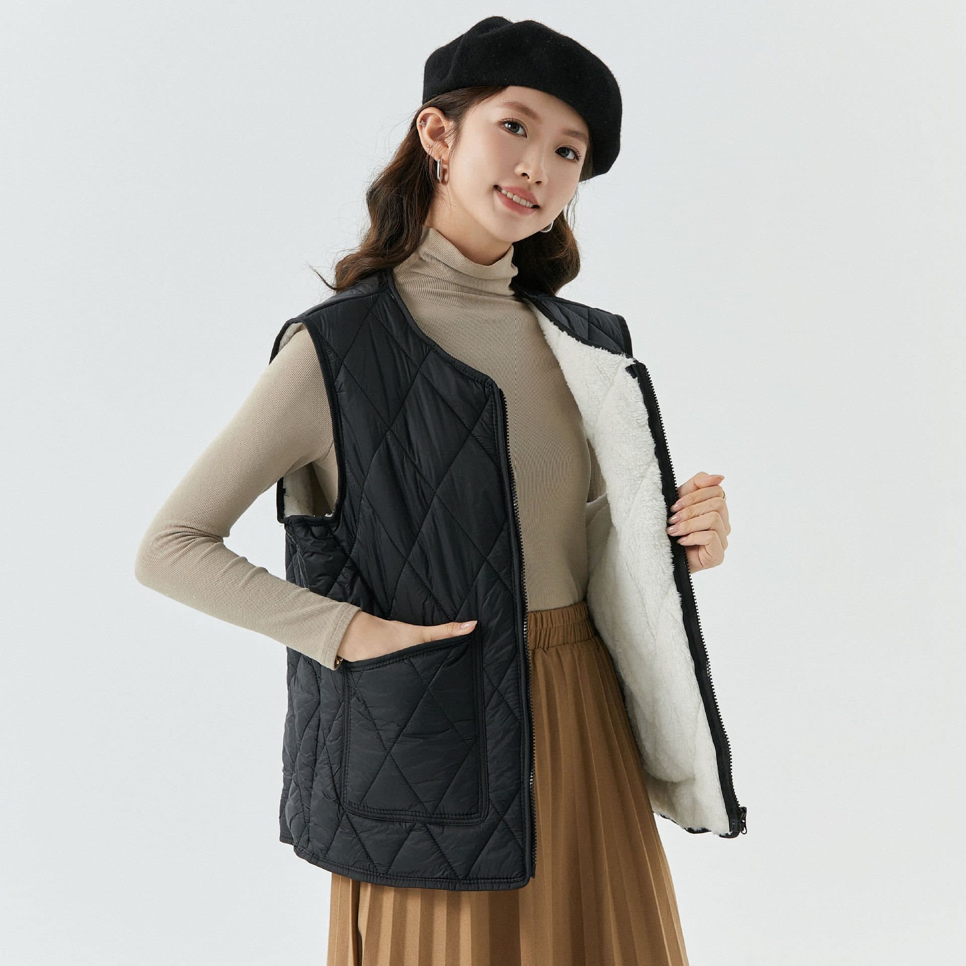 ノーカラージャケット 大人可愛い キルティング中綿ベストジャケット