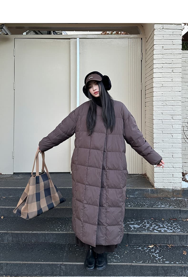 ノーカラージャケット マット風ロングノーカラーダウンジャケット