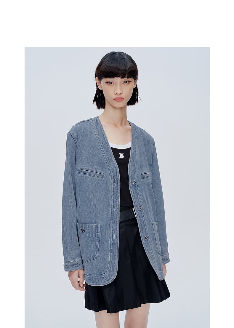 シンプルデニムノーカラージャケット