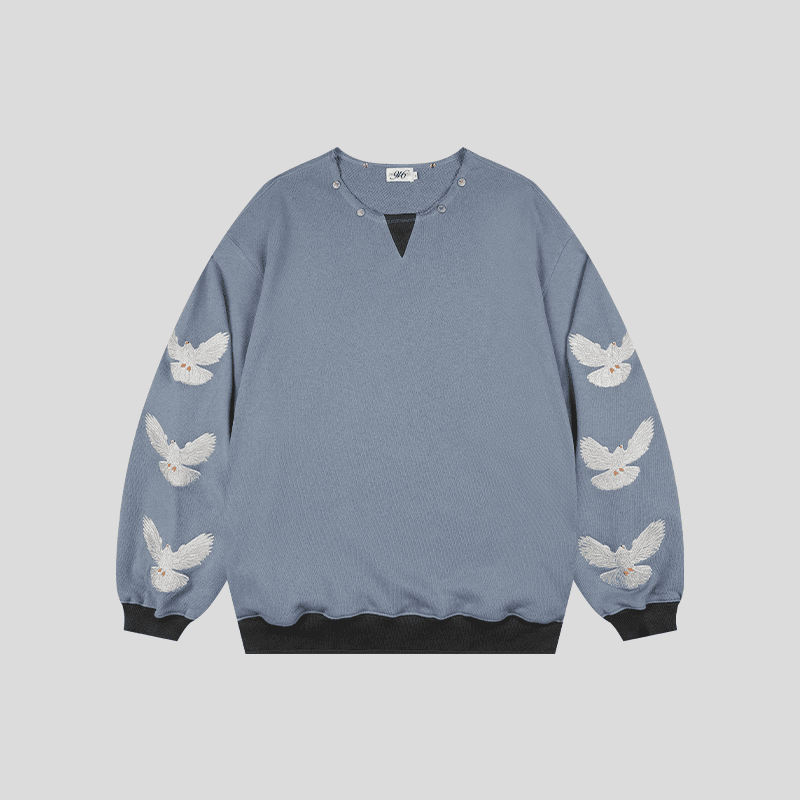 ノーカラージャケット 鳥柄刺繍入り長袖プルオーバー