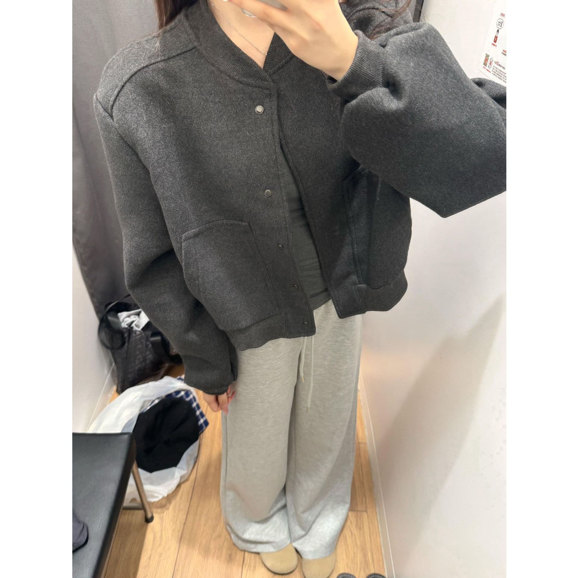 ノーカラージャケット カジュアルノーカラー ウール混ブルゾン