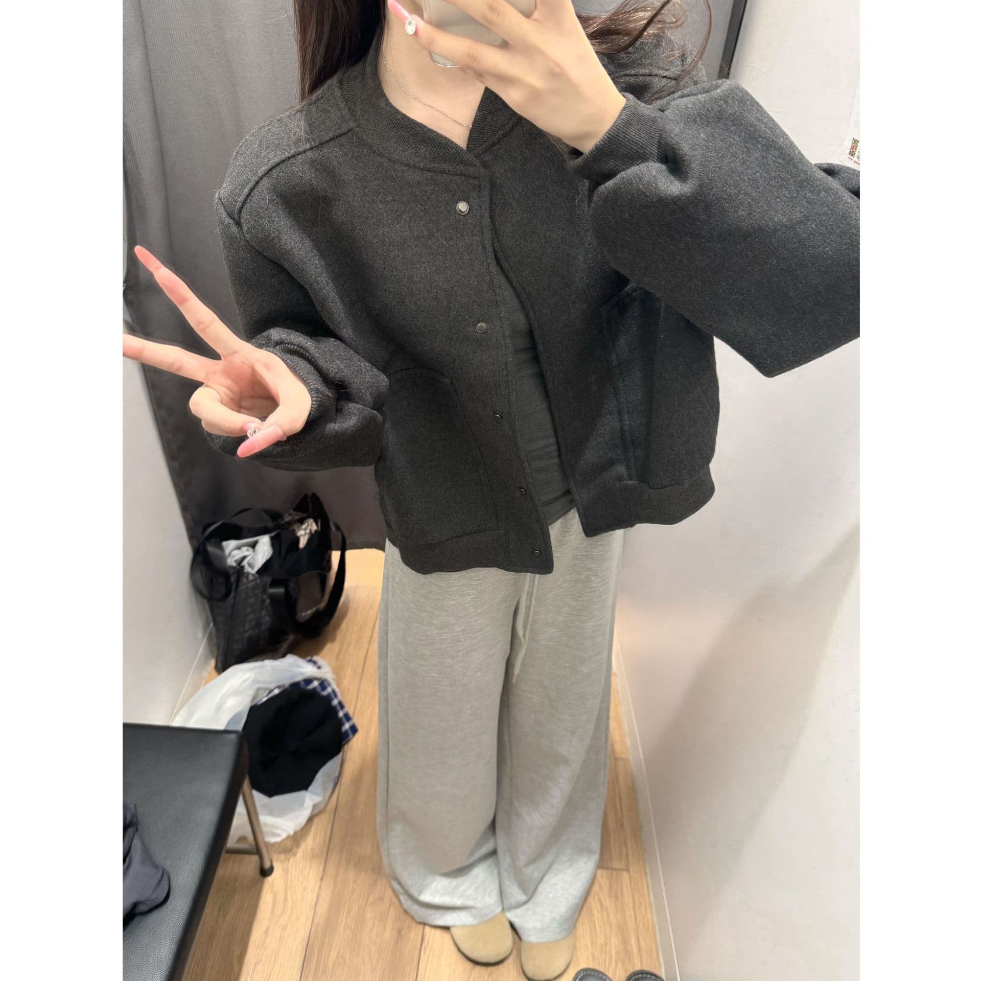 ノーカラージャケット カジュアルノーカラー ウール混ブルゾン