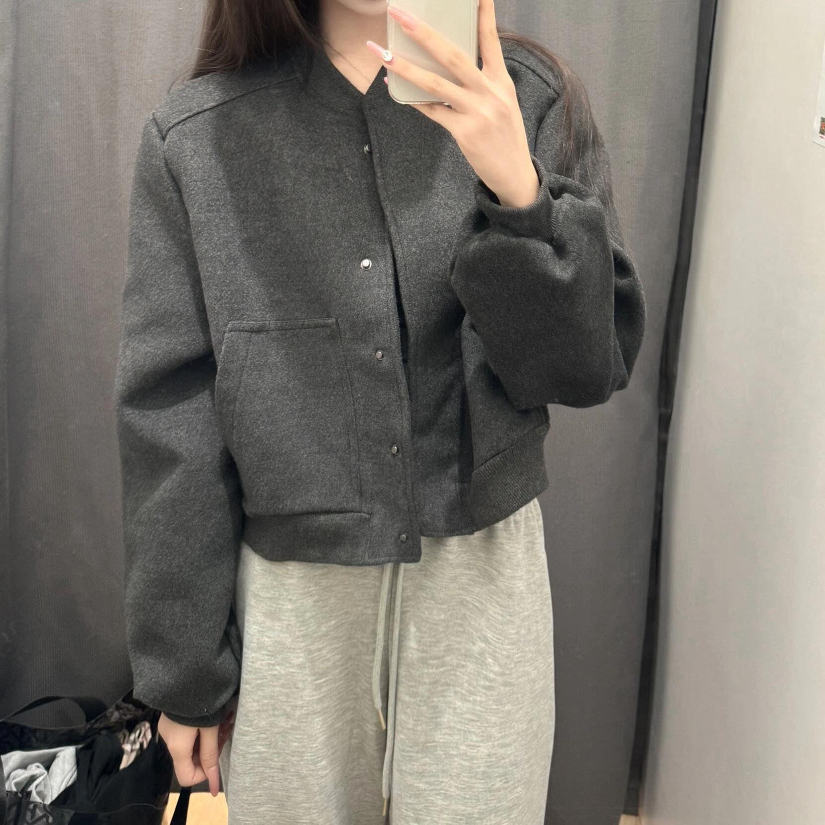 ノーカラージャケット カジュアルノーカラー ウール混ブルゾン